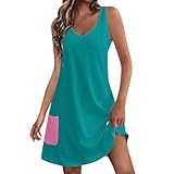 Sommerkleider in Übergröße 2025, lässig, ärmellos, Blumendruck, Boho, Strand, Urlaub, Kleidung, Blumenmuster, einfarbig, Tankkleid, V-Ausschnitt, lockeres Sommerkleid mit Tasche, Damen-Sommerkleider