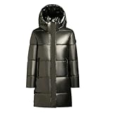 khujo Damen Wintermantel in glänzender Optik Warmer wasserdichter Steppmantel lang mit Abnehmbarer Kapuze Haya Shiny Mud Bronze Gr. S