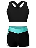 Alvivi Mädchen Bikini Tankini Set Zweiteiler Badeanzug Bademode Tank Top+Shorts Sommer Schwimmanzug Yoga Gymnastik Turnen Sport Set Gr.98-176 A Schwarz&Blau Grün 158-164