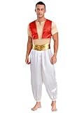 Linjinx Herren Arabischer Prinz Kostüm Kleid Weste Arabischer Gilet Ärmellos O+Pumphose+Kurzarm T-Shirt Halloween Fasching Party Outfits Rot M