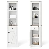 COSTWAY Badezimmerschrank schmal, Badschrank Hochschrank mit Schublade & verstellbarem Regal, Aufbewahrungsschrank Holz für Badezimmer, Wohnzimmer & Küche, 40 x 24 x 173cm, Landhausstil