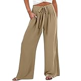 Damen-Leinenhose, Sommer, weites Bein, Palazzo-Hose, hohe elastische Taille, leicht, fließend, Übergröße, volle Länge, für Büro, Lounge, Strand, Reisen, lockere Freizeithose mit Taschen, khaki, 4XL