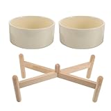 HOODANCOS Erhöhter Keramik Futternapf 850 ml mit Rutschfestem Holzständer Doppelte Wassernäpfe für Kleine Hunde und Katzen 15,5cm Hoher Napfständer für Trocken und Nassfutter