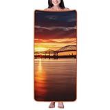 AMREWQYL Newark Bay Bridge und Sunset bedrucktes Korallen-Samt-Badetuch, Mikrofaser-Strandtuch