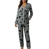 IQYU Pyjama Damen Winter Warm Langgrm Schlafanzug Lang Baumwolle Weihnachten-Hausanzug Süße Nachtwäsche Mit Knopfleiste V-Ausschnitt Pyjama-Set Kuschelig Loungewear Oberteil Und Schlafanzughose