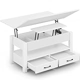 Rolanstar Couchtisch Höhenverstellbar, Wohnzimmertisch mit Schublade & verstecktem Fach, Kaffeetisch umwandelbar in Esstisch, 100 x 50 cm Sofatisch aus Holz, Weiß