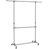 SONGMICS Kleiderständer Garderobenständer mit Rollen Höhenverstellbar von 113 bis 198 cm, Edelstahl plattierte Rohre, LLR401