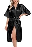 Lovasy Bademantel Damen Satin Japanisch Kimono Jacke Damen mit Gürtel Sexy Morgenmantel Leicht Pyjama für Hochzeit Braut Party,Schwarz,XL