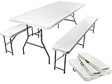 ISO TRADE Campingtisch und Banketttisch belastbar bis 230 kg pro Bank 180 cm mit 2 Bänken - Gartentisch Catering Wetterfest - Klapptisch als Kofferset 3257