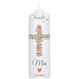 Taufkerze Mädchen, mit Taufspruch, Blumen Kreuz 25 cm x 8 cm, personalisierte Kerze, bedruckte Kerze zur Taufe, Stumpenkerze zur Taufe, Patenkerze,individuelles Taufgeschenk,Kommunionkerze
