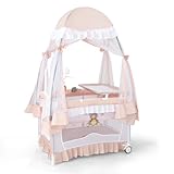 COSTWAY 4 in 1 Babybett mit abnehmbarem Baldachin, Reisebett mit Matratze, Wickelauflage, Spielbogen & Musikbox, Beistellbett mit Rollen, Kinderreisebett faltbar für 0-36 Monate Baby (Rosa)