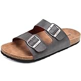 ONCAI Pantoletten Herren, Kork Flache Hausschuhe Sommerstrand Schlappen Drinnen und Draußen Sandalen Mit Verstellbarer Rieme Grau EU 44.5