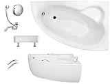 VBChome Badewanne 150x100 cm Acryl SET Schürze Siphon Wanne Ecke Eckbadewanne Weiß Design Modern Ablaufgarnitur Viega Simplex Wanne rechts Schürze Ablaufgarnitur Füße Griffe Kopfstütze