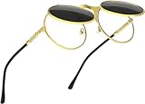 Yeooa Herren Damen Sonnenbrille 90's Vibe Cool Eyewear Retro Steampunk 80's Runde Flip Up Sonnenbrille Runde Flip Up Double Lens Sonnenbrille (Eine Größe,Gold)