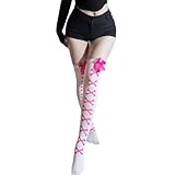 Wisafory Damen Kniestrümpfe Overknees Strümpfe mit Skelett-Druck Oberschenkelhohe süße Schleife Kuschelsocken Hohe Socken Strumpfwaren für Halloween Karneval Party Weiße Strümpfe Rosarot Schleife