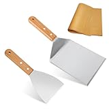 smtfcty Grillspachtel 2 Stücke Grillwender Set mit Holzgriff, Grillbesteck BBQ Werkzeugset Edelstahl inkl. Burgerpapier Grill Pfannenwender für Smash Burger,Plancha Spachtel, Teppanyaki Zubehör