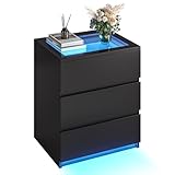 AOGLLATI Nachttisch mit LED-Beleuchtung,Einstellbare Farben Nachtschrank mit 3 Schubladen Beistelltisch mit Glastischplatte Sofatisch Couchtisch für Schlafzimmer Wohnzimmer, Moderner Stil Schwarz