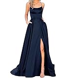HAHAEMMA Damen Elegant Lange Ballkleider mit Taschen Satin A-Linie Backless Hochzeitskleid Abendkleider Sexy Neckholder Spaghetti Brautkleid Kleider Lang Prinzessin Brautjungfer Kleid (ZQ-S)