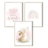 MeinBaby123® Bilder Kinderzimmer | 3er Set DIN A4 Poster Set | Wandbilder mit Spruch | Regenbogen | Deko Kinderzimmer Mädchen | Babyzimmer Deko | Wandposter Premium (Hase)