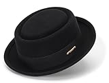 KorhLeoh Pork Pie Hut für Herren, schwarze Wolle, flache Oberseite, Fedora-Hut, Trilby-Hut, Unisex, Porkpie-Hüte (S/M), Schwarz, kurze Krempe, Stil B, M