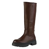 VAN HILL Damen Plateaustiefel Blockabsatz Plateau Vorne Trendy Schuhe 216074 Braun 38