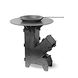 Czaja Raketenofen mit 5 mm Grillplatte & Eisen-Bratpfanne – Robuster Premium Rocket Stove aus 3 mm Stahl für Camping, BBQ & Outdoor – Feuerschale, Holzofen, Campingkocher – Made in Germany