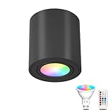 TobeBright LED Aufbauspot GU10 Mit RGB LED Lampen Und Fernbedienung Deckenspots Aufputz Spots Schwarz 30° Schwenkbar Flach Aufbaustrahler Aus Aluminium Aufbauleuchte Rund φ80x83mm 230V