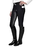 FitsT4 Sports Damen Reitleggings Silikon Vollbesatz Reithose mit Handytasche und Gürtelschlaufen,Schwarz,Gr.M