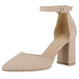 VAN HILL Damen Spitze Pumps Blockabsatz Basic Klassisch Schuhe 216159 Beige Velours 40