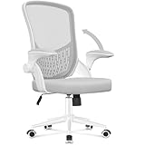 naspaluro Ergonomischer Bürostuhl, Schreibtischstuhl mit klappbaren Armlehnen, höhenverstellbar, Neigefunktion, atmungsaktive Rückenlehne, Drehstuhl 360°, weiß-grau