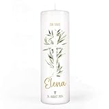 Striefchen® Personalisierte Stumpenkerze zur Taufe, Kommunion oder Konfirmation 25cm (H) x 8 cm (D) (Olivenblätter Kreuz)