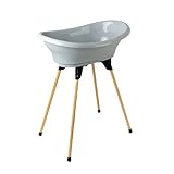 Thermobaby - Babybadewannen-Set - Vasco - Badewanne, Holzbein & Abflussschlauch - Patentierte Innovation - Zusammenklappbar & Stabil - Kann eine Babyliege aufnehmen - Grau Charme