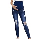 Damen-Jeans, einfarbig, Loch, hohe Jeans, ausgestellt, knöchelhoch, modische Hose, Schwangerschafts-Jeans, blau, S