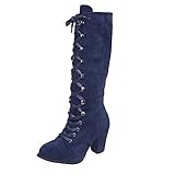 Klobige Schnürstiefel für Damen, wadenhoch, modisch, römischer Vintage-Stil, einfarbig, runde Zehenstiefel, bequem, rutschfest, lange Stiefel, Wildleder, wadenlang, Gothic-Keilschuhe, blau, 39 EU