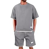 Schlafanzug Herren Kurz Lässig Kordelzug Hausanzug Sommer Outfit 2 Teiler Locker Sommeroutfits Strandoutfit Baggy Herren Sommer Outfit Jogging Anzug Einfarbige Zweiteiler（Light Gray，L）