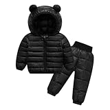 Sxiwei Baby Winter Schneeanzug Langarm Daunenjacke Mantel mit Kapuze + Hosen Lang Skihose Kinderskianzug Set Schwarz 110-116