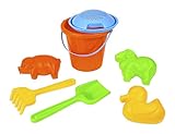 Lena 05416 Happy Sandset, Strandspielzeug 7-teilig, Sandgarnitur mit Eimer, Sieb, Mehlschaufel, Harke, Lamm-Förmchen, Enten-Förmchen und Schwein-Förmchen, Sandspielzeug für Kinder ab 12 Monaten