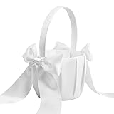 Vesaneae Weiß Hochzeit Blumenkorb, Streukörbchen Korb für Blumenkinder, Blumenmädchen Korb mit Bowknot, Satin Blumenkörbe, Blumenkinderkörbchen für Hochzeit Party