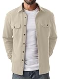 QIXING Herren Fleece Cordhemd Langarm Button Down Freizeithemd Regular Fit Hemdjacke Herbst Winter Mantel mit Klappentaschen (Beige, XL)