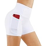 THE GYM PEOPLE Radlerhose Damen Sport Hohe Taille Kurze Leggings Sporthose Blickdicht Laufhose Fitness Workout Yoga Shorts mit Tief Taschen,White,M