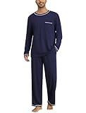 Ekouaer Schlafanzug Herren Lang Zweiteiliger Pyjama Set Winter Loungewear Warm Kariert Hausanzug mit Taschen, Navyblau M