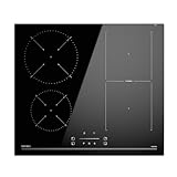 Hermitlux Induktionskochfeld 60 cm Flexzonen, Einbau Elektrokochfeld 4 Zonen mit Flexzone, 9 Leistungsstufen und Booster, Kindersicherung, 7400W, kein Stecker