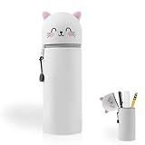 Hiqiku 2 in 1 Weiches Silikon Federmäppchen Kitty, Tischstifthalter, Stifthalter für den Tisch, Cartoon Federmäppchen, Stand Up Federmäppchen für Schülerin Teenager, Niedlicher Federtasche (Kitty)