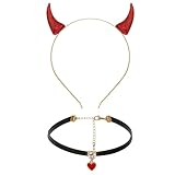 Teufelshörner Teufels Ohren Haarreif Haarschmuck mit Herz Choker Halskette für Damen Herren Halloween Fasching Kostüm Karneval Cosplay Party (Rot)