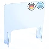 AtHaus® Spuckschutz Schutzscheibe aus Acrylglas Premium Quality, 80 x 60 (BxH) cm mit Durchreiche 30x20 (BxH) cm Trennwand Virenschutz Sichtschutz Spuck und Niesschutz Thekenaufsatz