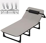 Tragbarer Klappsessel mit atmungsaktivem 4D-Polster und Kissen, verstellbares Liegebett für Erwachsene (0–60 °), perfekt für Zuhause, Büro, Camping und Reisen (Grau, 190 x 68 x 28 cm)