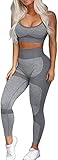 OLCHEE Damen Workout Sets 2-teilig - Nahtlose Yoga-Leggings und Cross-Strap Sport-BH Gym Outfits Activewear Matching Set, BH und Leggings: grau, XX-Large