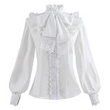 Fiamll Damen Viktorianisch Bluse Vintage Schleifenhemd Stehkragen mit Rüschen Langarmshirt Weiß XL