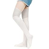 QUEENYARD Gerippte Oberschenkelstrümpfe für Damen, metallisch schimmernd, Kontrastfarbe, Overknee-Socken, weiß, Einheitsgröße