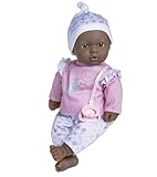 JC TOYS La Baby, afroamerikanische Puppe, 40 cm, weicher und waschbarer Körper, magische Flasche und Schnuller, Rosa, Blumenmuster, entworfen in Spanien, 12 Monate